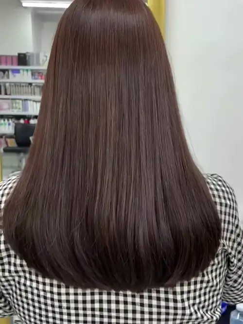 Smooth chocolate brown hair with a rounded U-shaped cut