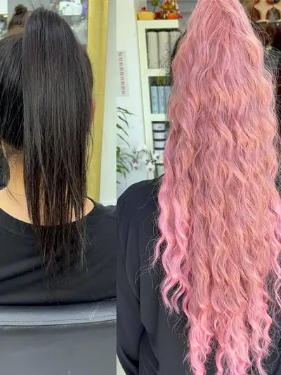 Before and after: dark hair, then a long pink curly clip-on ponytail